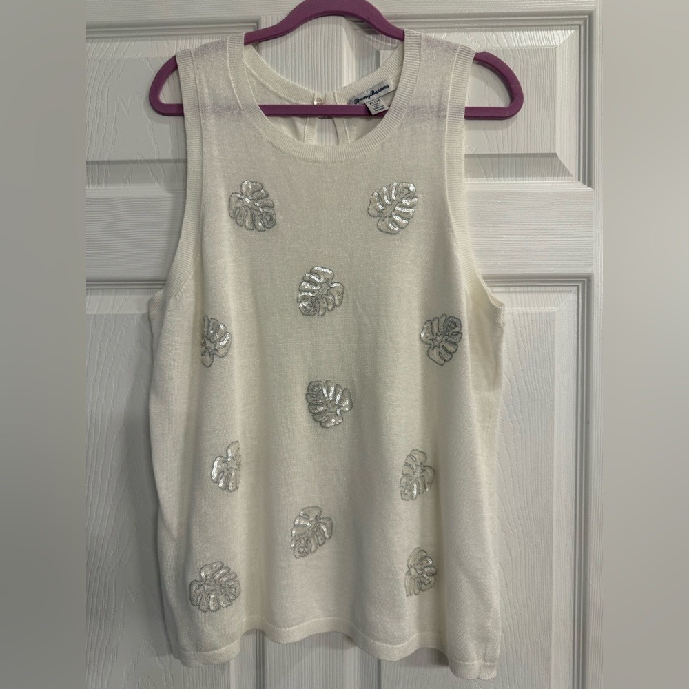 TOMMY BAHAMA Womens Cream Metalic Knit Silver Sequin Palm Leaf Print Tank Top XL